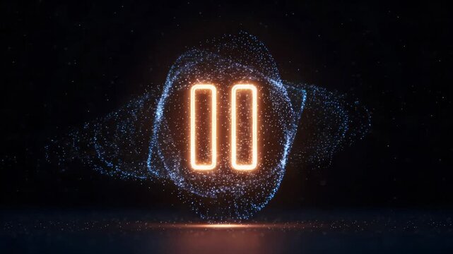 Glowing Neon Pause Button Symbol with Particles and Light Effects on Dark Background