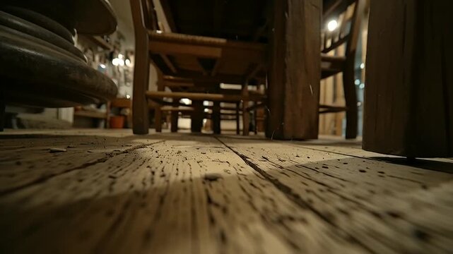 Mouse scurrying across old wooden floor in rustic kitchen