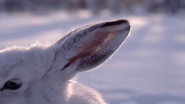 White Arctic Hare Ear Closeup with Sun Backlighting in Winter