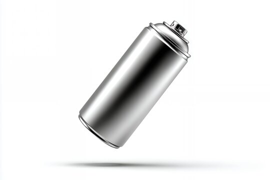 Silver spray can floating on a white background