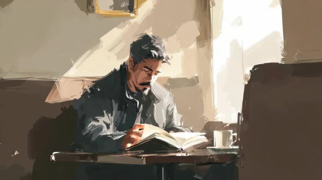 digital painting of man reading a book in caf&eacute; with sunlight on his face, beige tones, minimal cozy mood