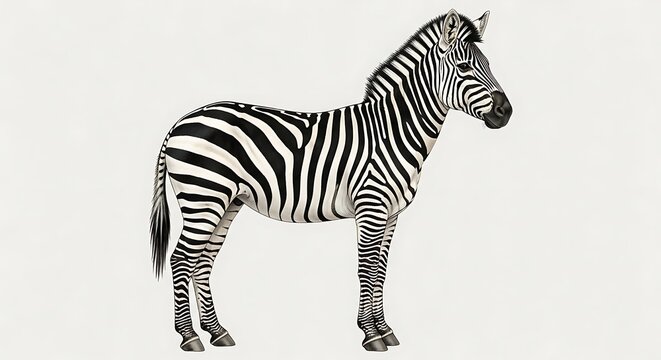 A standing zebra facing right with distinctive black and white stripes in a studio setting and isolated viewpoint.