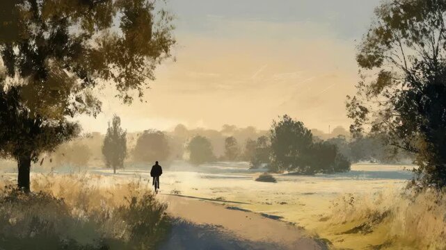 digital painting of person walking slowly after workout, sunset glow, calm and mindful recovery scene