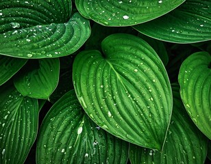 Obraz premium Large green leaves with water drops.