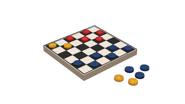 Isometric view of a checkers board game with red yellow and blue pieces for entertainment and strategy concepts.