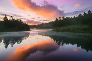 Sunset over misty forest river with vibrant pink clouds tree silhouettes reflections
