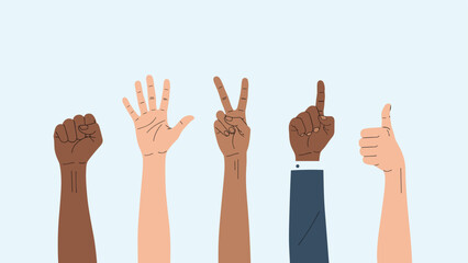 Fototapeta premium Diverse group of hands showing different gestures and skin tones raised against light blue background for unity.