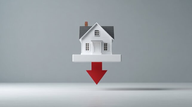 White house model on platform with red downward arrow symbolizing falling mortgage rates. Real estate market decline, lower interest, home loan affordability, housing finance concept