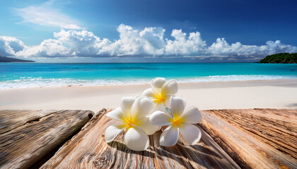 Tropical Beach With Wooden Logs And Plumeria Flowers
