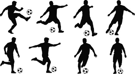Set of soccer player silhouettes in different action poses with ball, black football athlete icons isolated on white background, minimalist vector illustration for sports, design, and stock use