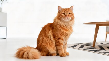 Elegant Domestic Ginger Cat Sitting Peacefully in Clean White Room
