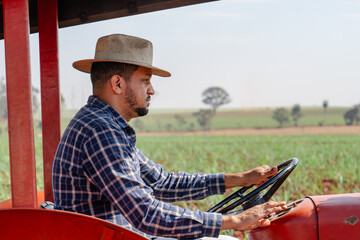 Male farmer in a straw hat and plaid shirt driving a red tractor through a green agricultural field