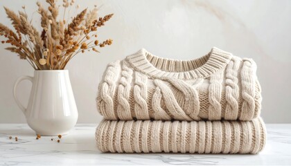 A stack of folded cable-knit sweaters rests beside a vase of dried ornamental wheat. The background is a soft, painted wall