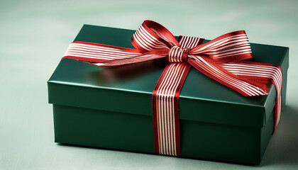 A Dark Green Gift Box Tied With A Red And White Striped Ribbon