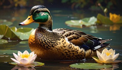 A stunning male duck floats serenely on tranquil water surrounded by lily pads and delicate white water lilies in a picturesque pond scene