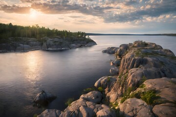 Fototapeta premium Sunset over rocky archipelago islands calm northern lake waters golden light