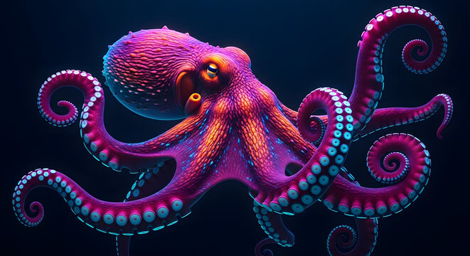 A vivid purple and pink octopus with textured skin and visible suckers, swimming in a dark underwater environment.