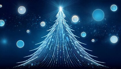 Abstract Illuminated Christmas Tree Against Dark Blue Background With Glowing Orbs And Lines