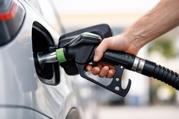 Fueling a Vehicle: A Close-Up of a Hand Using a Gas Pump to Fill Up the Tank with a Focus on Pump Nozzle and Car Exterior