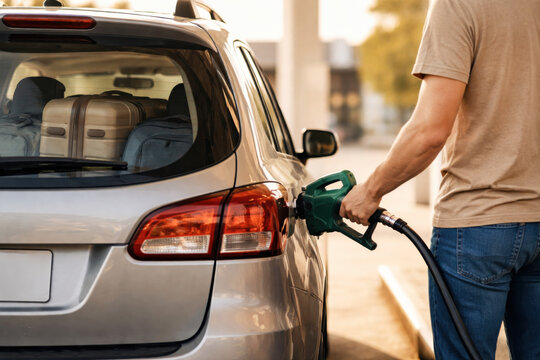 A Person Filling Up a Car with Fuel at a Gas Station During a Beautiful Evening, Capturing the Essence of Road Trips and Car Journeys
