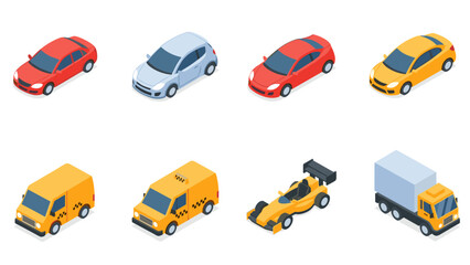 Fototapeta premium Isometric vehicles set: cars, vans, race car, and truck icons