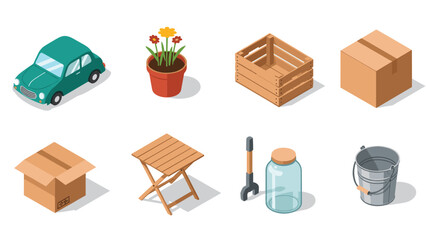 Isometric objects collection: car, plant, box, crate, furniture, tools