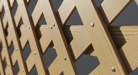 Obraz premium Close-up of wooden decorative fence panels with metal bolts on a gray background