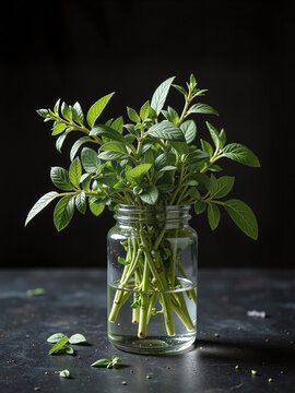 Fresh mint, a dark background, dramatic lighting, luxurious still life&mdash;the dark tones create a sophisticated and high-end vanilla display.