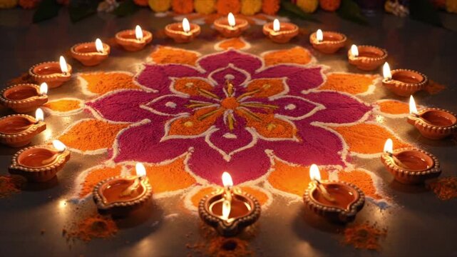 Traditional Diwali Rangoli Design Surrounded by Lit Clay Oil Lamps (Diyas) Glowing Warmly, Symbolizing the Indian Festival of Lights Celebration Footage 4k video animation seamless loop