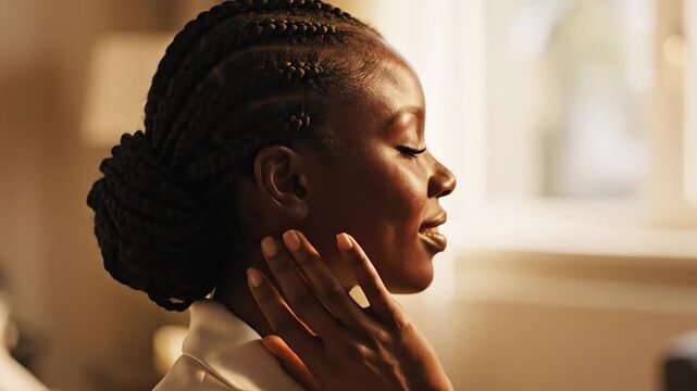 Person with natural braided hair bun and hand covering part of face in soft warm light