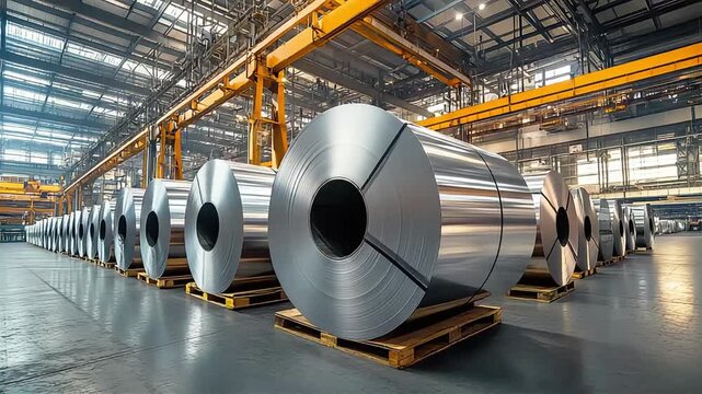 Many large steel coils are stacked neatly in the warehouse, ready for industrial processing.