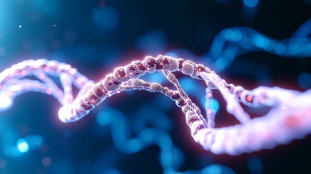 DNA Strand Unveiled: A mesmerizing close-up of a DNA strand, a double helix, showcasing its intricate structure, is set against a dark, ethereal backdrop.