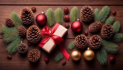 Christmas Ornaments And Pinecones Arranged On A Wooden Table With Red Ribbon
