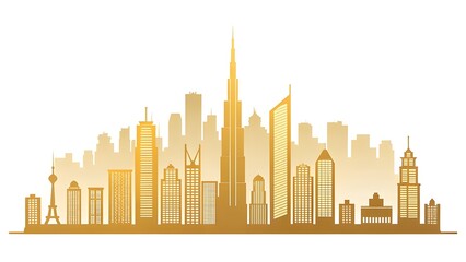 Obraz premium Modern city skyline with golden skyscrapers and architecture
