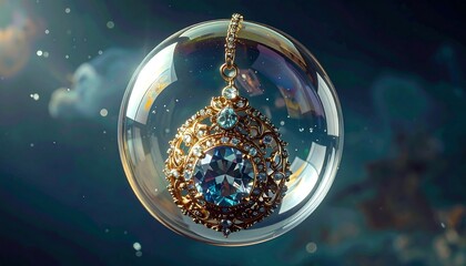 A stunning pendant, lavishly adorned with gemstones, floats inside a transparent sphere against a dark, ethereal backdrop