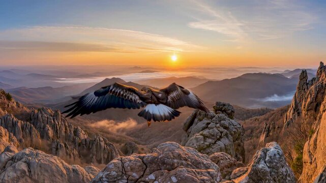 A majestic eagle with expansive dark and white wings is captured from behind as it soars over jagged rock formations toward a glowing sun rising over a misty mountain valley