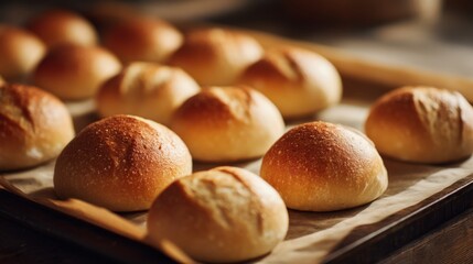 Freshly Baked Golden Brown Bread Rolls on a Rustic Wooden Tray with Soft Lighting and Minimalistic Background for Culinary Inspiration and Baking Projects