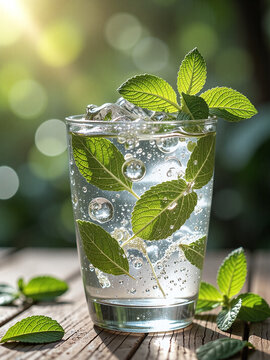 Fresh mint, glass cup, condensation, natural daylight, summer vibe,Condensation highlights mint&rsquo;s refreshing, cooling sensation.