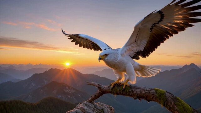 A majestic white eagle with expansive wings flies across a sprawling mountain landscape during a vibrant golden sunset with a radiant sunburst on the horizon