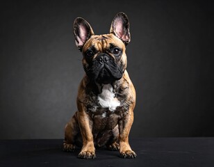 A stunning portrait of a brindle-coated dog, with alert expression and floppy ears, seated on a dark surface against a shadowed background