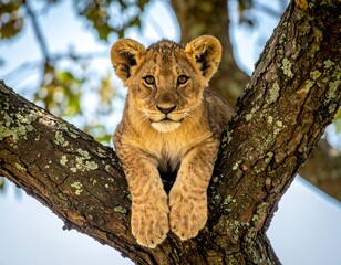 Lion Cub Resting on Tree Branch.