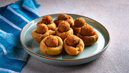 Olive All Ascolana Also Known As Olive Ascolane Ripiene Is An Italian Appetizer Of Fried Olives Stuffed With Meat Italian Appetizer Or Antipasto On A Light Table