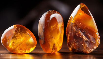 Three Natural Amber Stones Ancient Fossilized Resin Gemstone