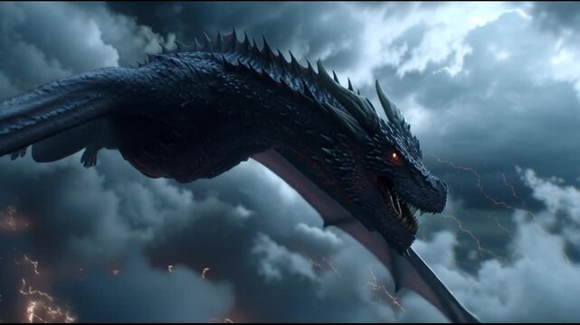 Flying dragon in stormy sky fantasy creature concept