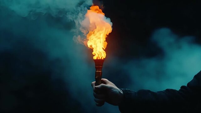 Close-up of a hand firmly grasping a blazing torch, casting a warm glow against the absolute darkness.