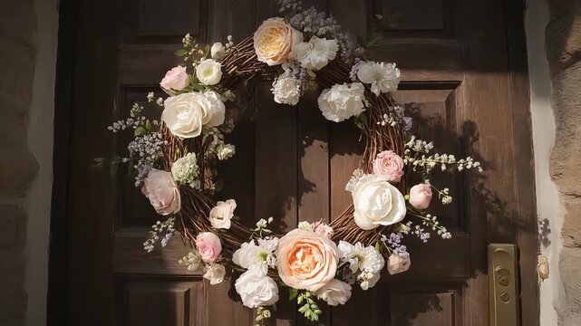 Floral wreath on a wooden door with roses and baby's breath, captured in a close-up view.