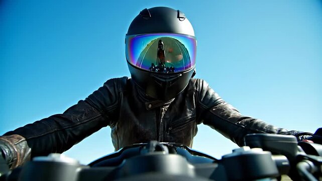 Close-up of a motorcycle rider wearing a black helmet and leather jacket, reflected in the helmet's visor is a horse and rider against a clear blue sky.