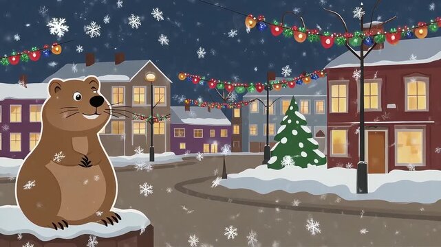 A cartoon bear enjoys a serene winter evening in a snowy village with festive lights and snowfall