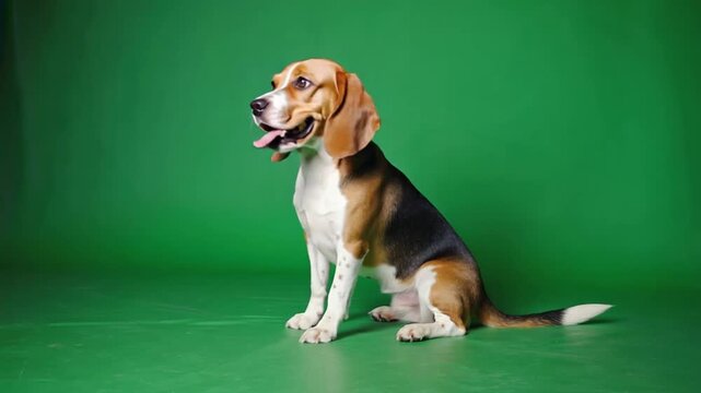 Beagle dog sitting on green background looking happy and friendly