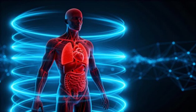 Anatomical illustration of human body revealing heart and lungs with glowing blue energy waves for world tuberculosis day